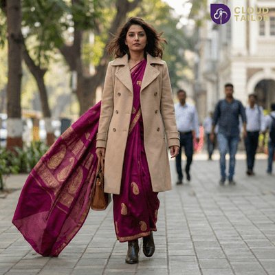 “Winter collection look featuring a saree paired with a beige coat.”