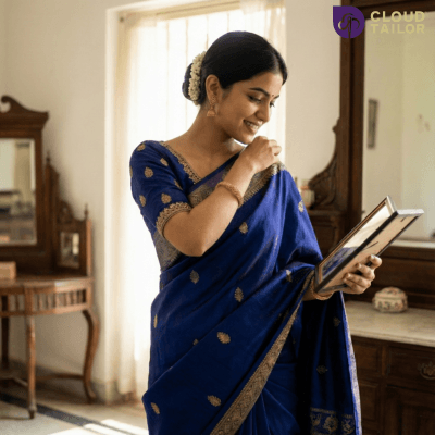 Woman in a blue saree featured in CloudTailor’s winter collection for women