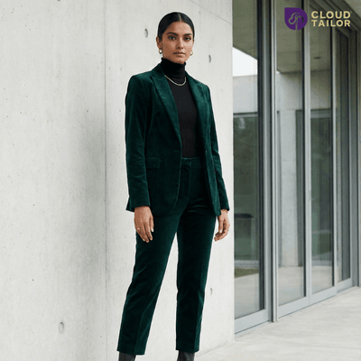 Stylish green tailored suit showcased as part of CloudTailor’s winter collection for women