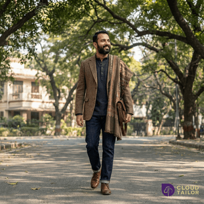 Man in a textured blazer and scarf, highlighting CloudTailor’s winter collection for men
