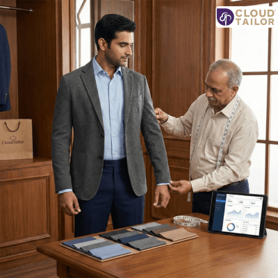 Custom-Tailoring in a boutique as a tailor adjusts a suit jacket for precise fit.