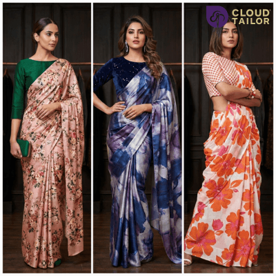 Three women modeling stylish Printed sarees, including a pink, blue, and orange floral print saree. A perfect showcase of modern printed saree designs.