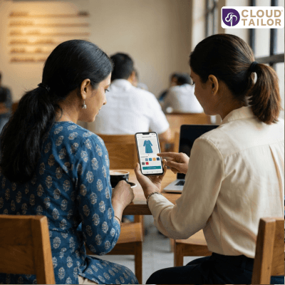 Two women viewing a clothing app on a phone for Online-Tailoring.