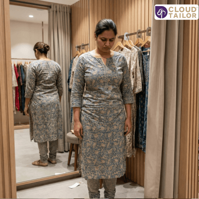 Woman trying a kurta in a fitting room during an Online-Tailoring 