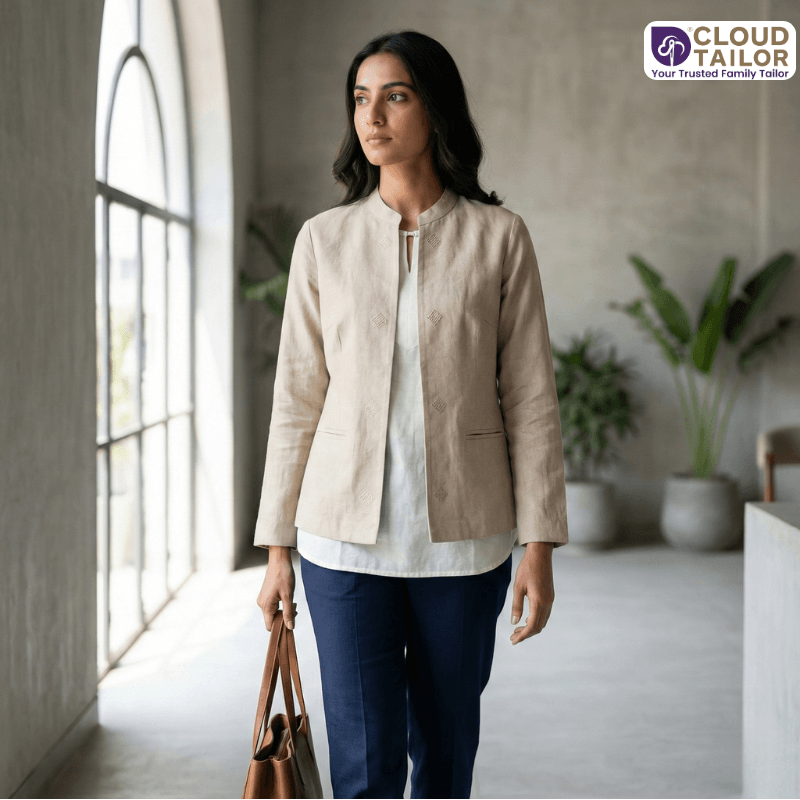 Capsule Wardrobe outfit featuring a minimalist beige jacket with neutral everyday styling.