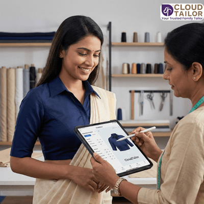 Collared Blouse design consultation with tailor reviewing custom fit details on tablet.