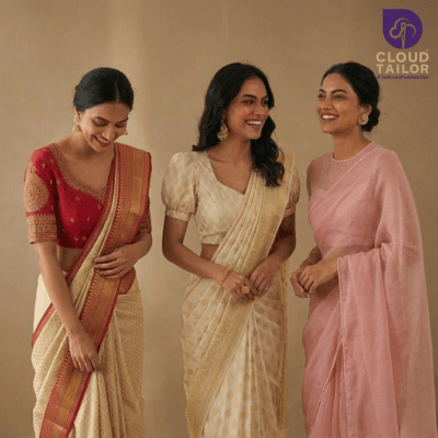 Women wearing elegant **blouse designs** paired with stylish **saree blouse** fits and modern **blouse neck designs** in a classic ethnic look.