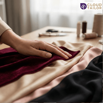 Hand selecting rich fabric shades for a Valentine Dress, showcasing custom tailoring materials laid out on a worktable