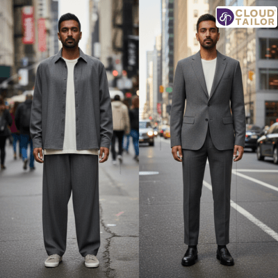 Before-and-after look of a man styled in a custom tailor suit for a sharp fit.
