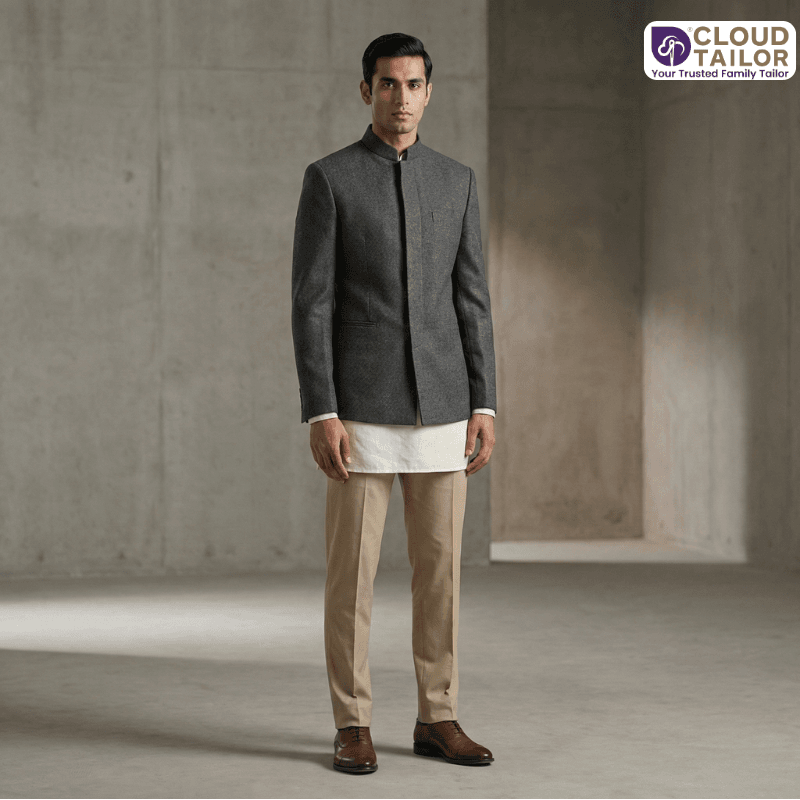 Indo-western Outfits featuring a modern bandhgala jacket paired with kurta and tailored trousers.
