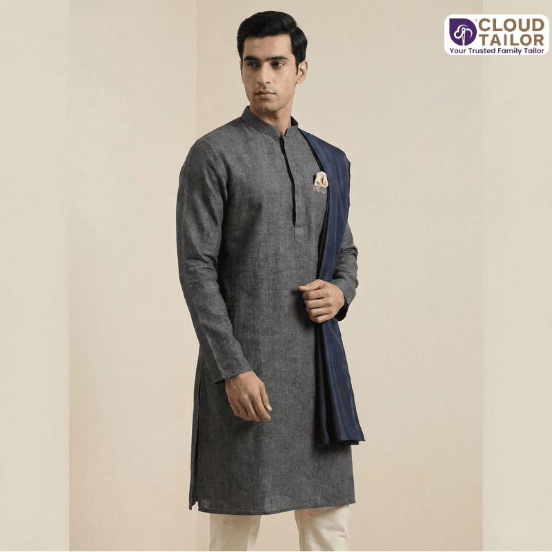 Indo-western Outfits featuring a modern kurta with a tailored fit and contrasting stole for a contemporary ethnic look.