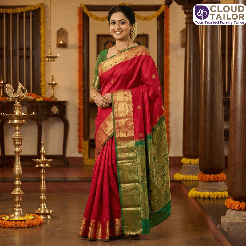 Woman wearing a traditional Kanchipuram Silk saree with rich gold borders.