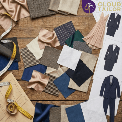 A collection of high-quality fabrics and sketches for custom-tailored men's wear and party attire for New Year eve."