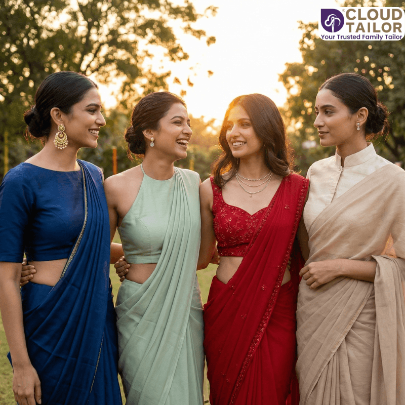 Blouse Design styles showcased with elegant sarees worn by women in a festive outdoor setting.