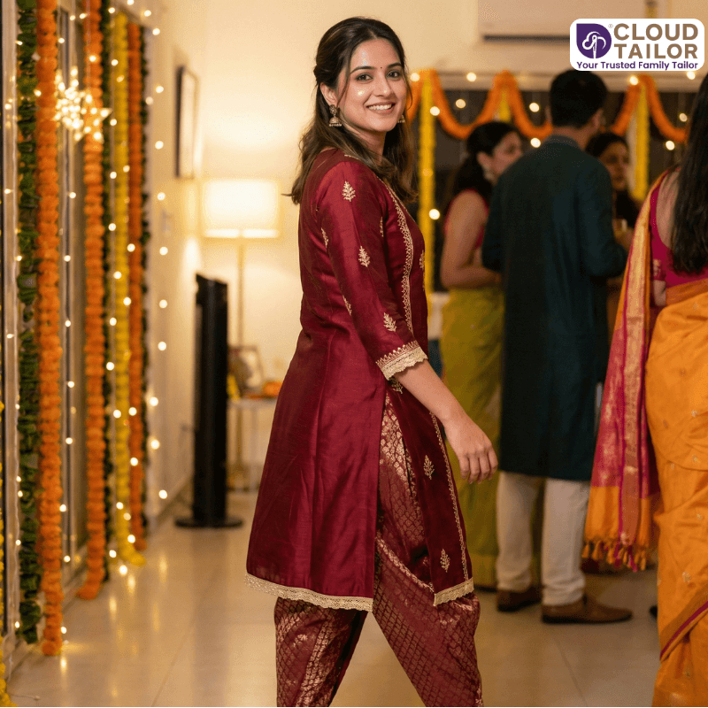 Co-ord Set for Women in maroon with elegant golden detailing at a festive event.