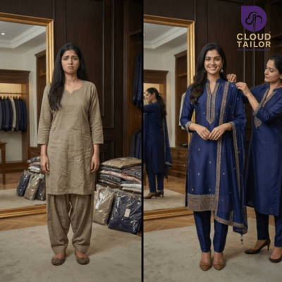 Before-and-after image showing expert tailoring by a ladies tailor, highlighting a perfect fit from a tailor near you.