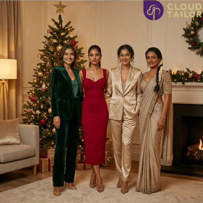 "Women wearing a variety of festive outfit styles, including a suit and saree, created through custom tailoring for a New Year Eve outfit."