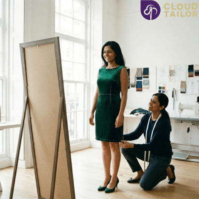"A woman getting a festive outfit fitted through custom tailoring for a perfect New Year Eve outfit