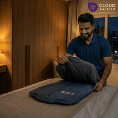 "Smiling man holding a grey Men's Suit inside a branded garment bag."