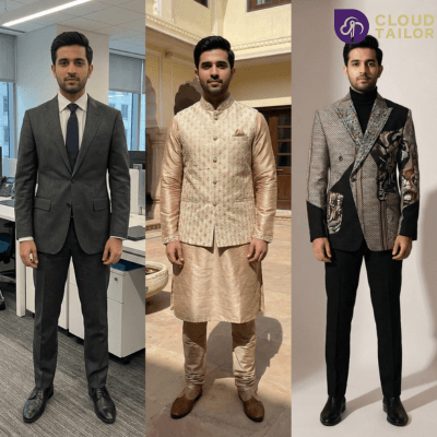 Men’s Suit styles shown on a man wearing a formal business suit, a traditional beige kurta, and a modern patterned blazer with black trousers.