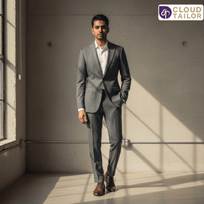 Man wearing a perfectly fitted grey suit showcasing Custom-Tailoring in a minimalist studio setting.
