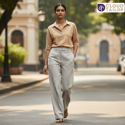 Woman walking in a tailored beige top and grey trousers highlighting Custom-Tailoring with a clean, modern fit