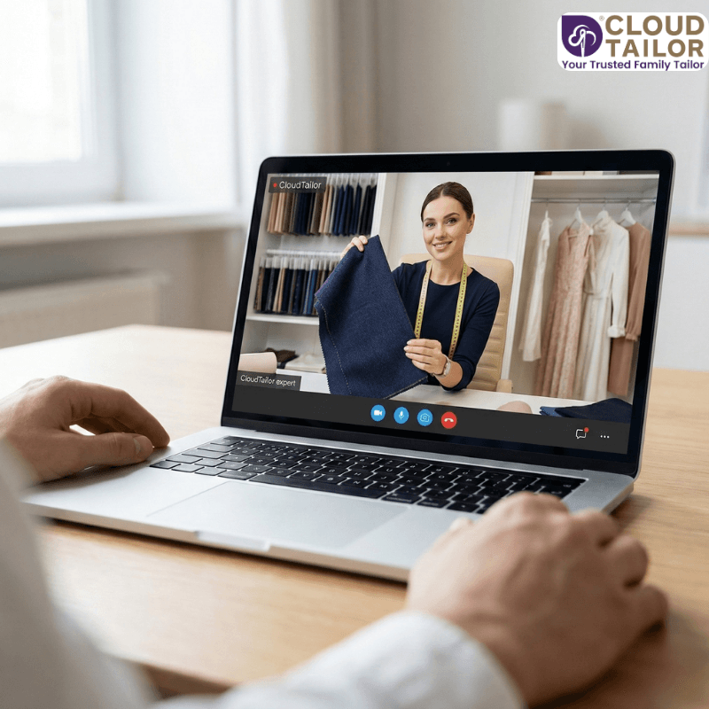 Slow Fashion online consultation showing a tailor presenting fabric during a virtual custom tailoring session.