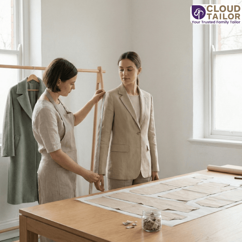 Slow Fashion tailoring session with a designer measuring a custom-fit blazer in a minimalist studio.