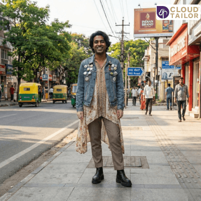 Custom-Tailoring expressed through a uniquely styled outfit worn confidently on a city street.