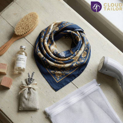 Blue Kalamkari Scarf arranged with a steamer, delicate wash, and fabric care accessories."