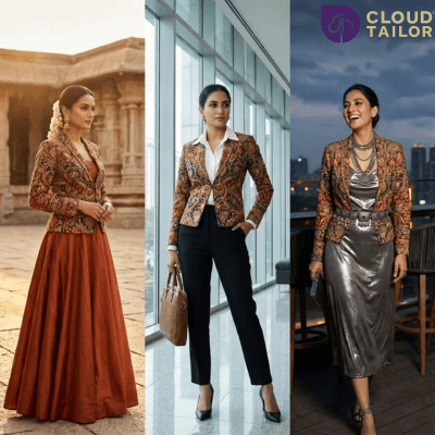 "Collage showing a Kalamkari Jacket styled in traditional, formal, and fusion looks."