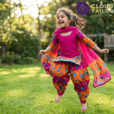 A happy girl in a colorful, custom-tailored Salwar Suit from our Kids Wear collection."