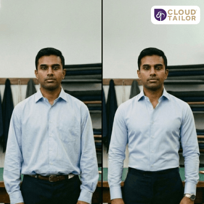 Before and after comparison of a man in a baggy shirt versus expertly tailored shirts