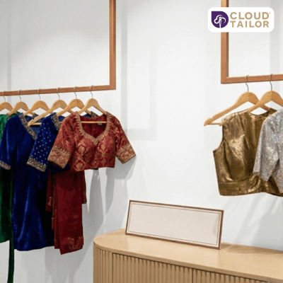 Boutique display of elegant blouse designs and stylish saree blouse neck designs.