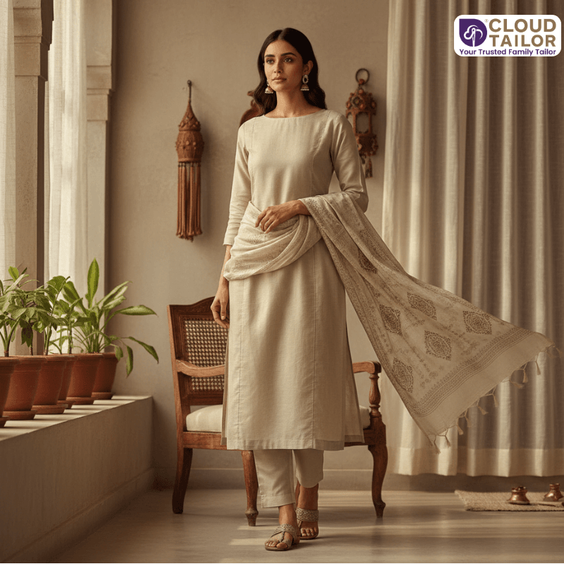 Minimalist beige Salwar Suits styled with a flowing dupatta in an elegant indoor setting.