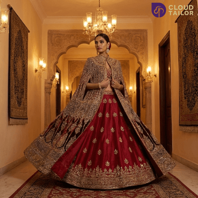 Embroidered red lehenga and cape from CloudTailor’s winter bride dresses in the winter collection.”